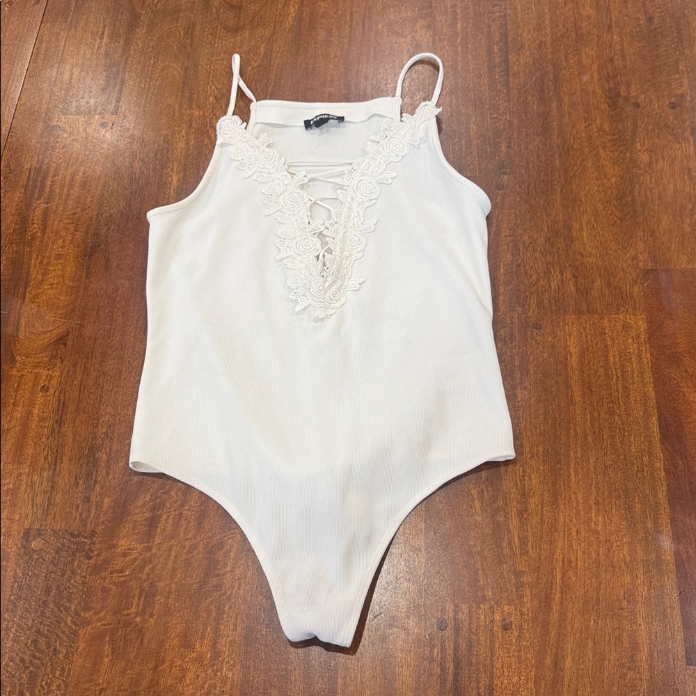 Express Sexy yet Elegant Cream Lacey Floral Bodysuit. Bridal, wedding, vacation